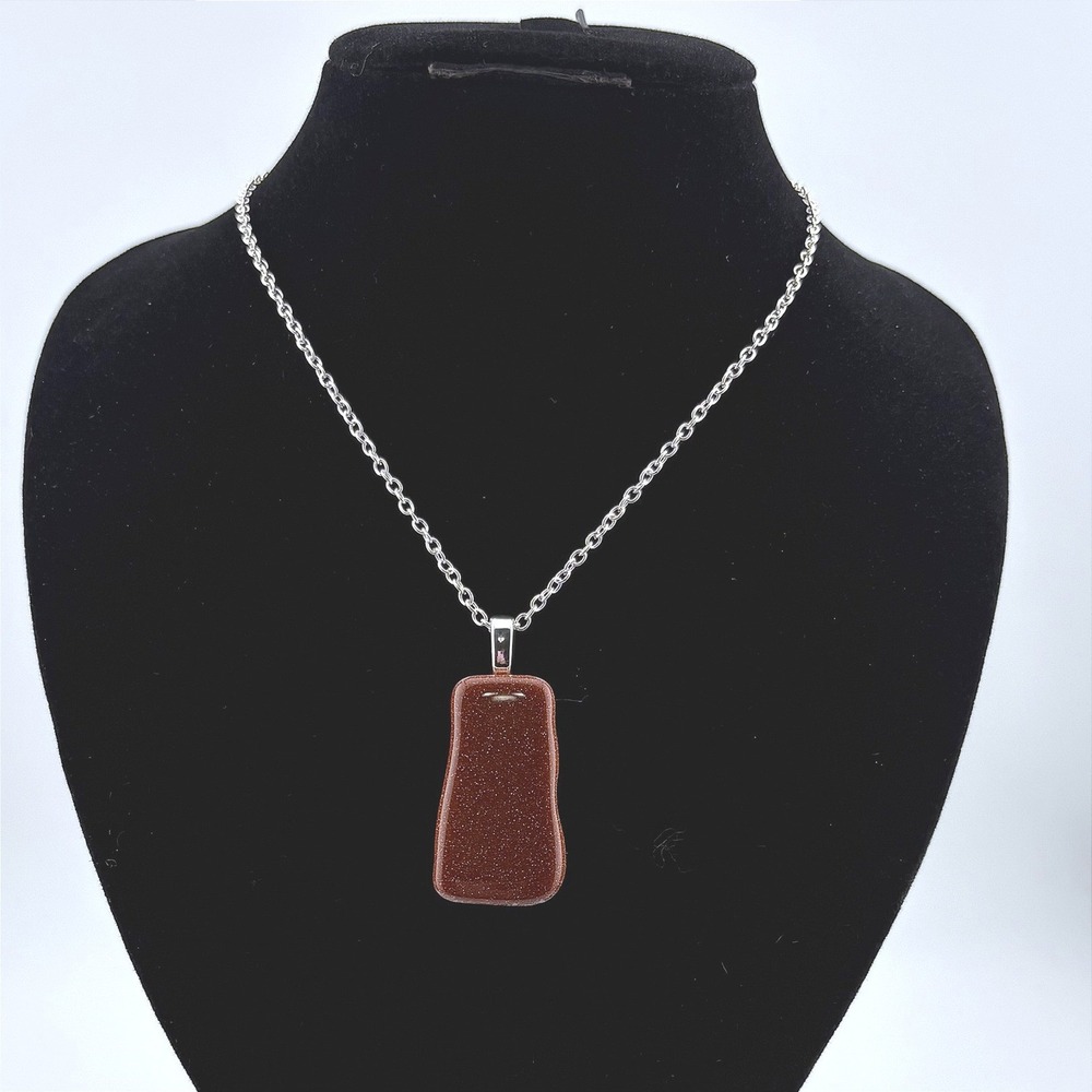Gold Sandstone Pendant Necklace Silver Tone Cable Chain Shimmering Stone Jewelry